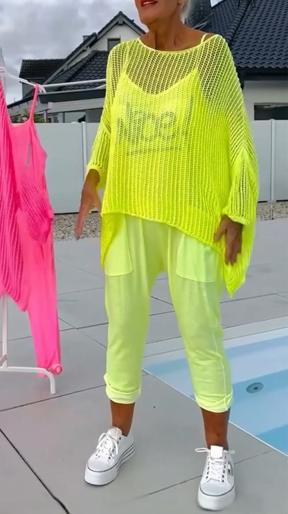 Dames jumpsuit met letterprint en casual jasje met holle smock