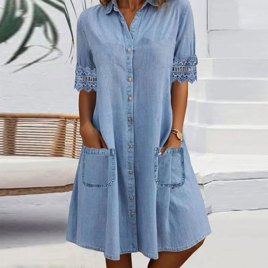 🎁Beperkte tijd 50% KORTING⏳Eenvoudige blauwe denim mini-jurk met kraag en kant
