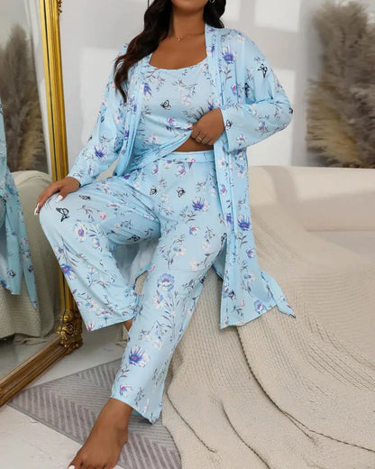 Comfortabele 3-delige pyjamaset – badjas, hemdje en lange broek