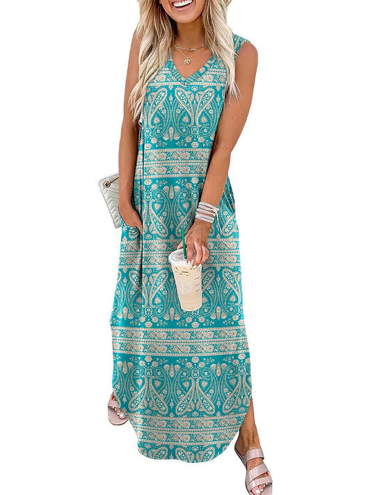 🎉Laatste dag promotie 50% KORTING💃2025 Zomer Boho Print V-hals Maxi-jurk met zakken