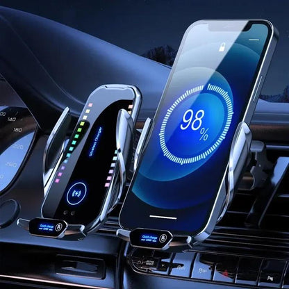 Draadloze autolader met ventilatieopening voor telefoonhouder, dashboardhouder met omgevingsverlichting, compatibel met iPhone- en Android-telefoons, autoaccessoires.