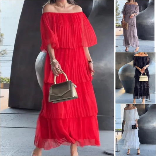 🌸Elegante chiffon jurk in één lijn met geplooide kraag en lange ruches🌸