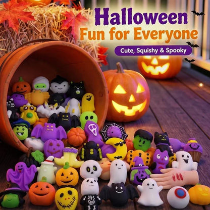 Set van 24 Halloween Squishies stressverlichtende speeltjes, klassieke pompoen-, spook- en vleermuisvormen, superzacht TPR-materiaal met een elastisch knijpgevoel, wasbaar en duurzaam, diverse set voor feestjes, beloningen in de klas en trick-or-treat.