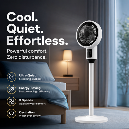 ⚡ Beperkte voorraad🌬️Stille staande ventilator met 3 snelheden en zwenkfunctie – Verstelbare luchtcirculator voor thuis❄️ 360° draaibaar✔️Drie ventilatorsnelheden, stil tijdens het slapen 🤫