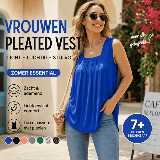 👕✨ Mouwloos T-shirt met vierkante hals voor dames – Geplooide voorkant, soepele pasvorm, veelzijdige stijl 🌸