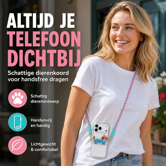 Schattige telefoonclip met cartoondier en koord