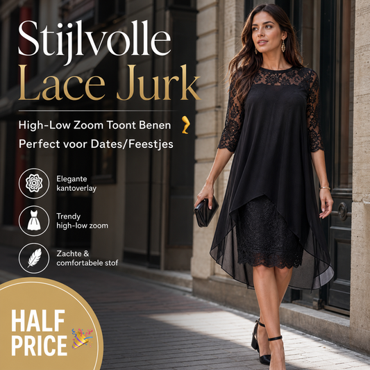 ⏳ FLASH SALE! ✨ Stijlvolle Lace Jurk | High-Low Zoom Toont Benen 🦵 | Perfect voor Dates/Feestjes | HALF PRICE 🎉