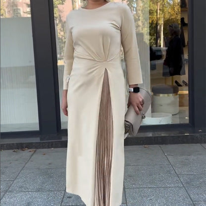 ⏳Tijdgebonden 50% KORTING⏰ Ronde Hals Dress met Geraffelde Zoom aan de Taille en Lange Mouwen