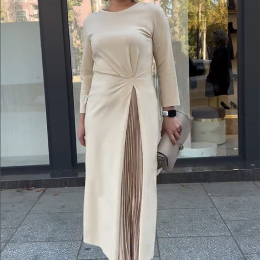 ⏳Tijdgebonden 50% KORTING⏰ Ronde Hals Dress met Geraffelde Zoom aan de Taille en Lange Mouwen