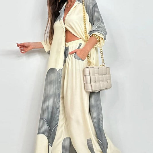 Volledige Knoopsluiting Lang Shirt & Trekkoord Broek Set