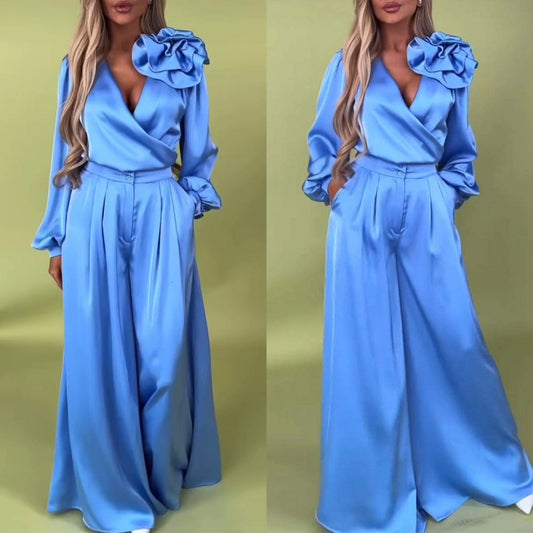 2-delige damesset met V-hals en wijde broek💥 Nieuwe hete verkoop Gratis verzending