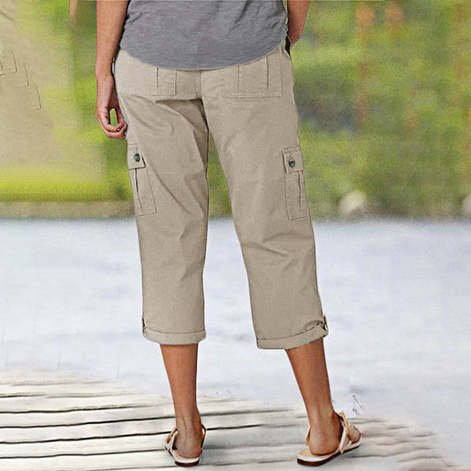 Effen Gekleurde Casual Cargo Capri Broek met Meerdere Zakken