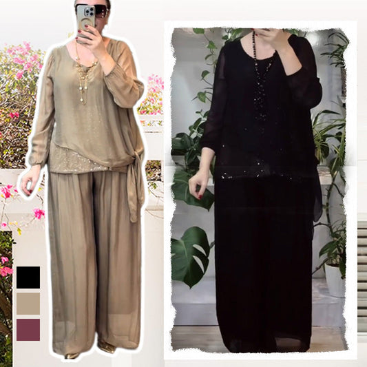 Set van 2-delige blouse met pailletten en wijde broek voor dames