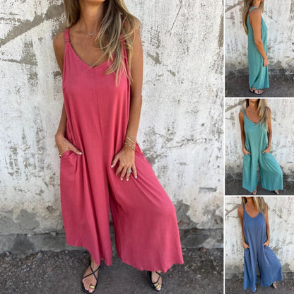 Casual dames-jumpsuit van katoen-linnenmix met zakken en verstelbare bandjes