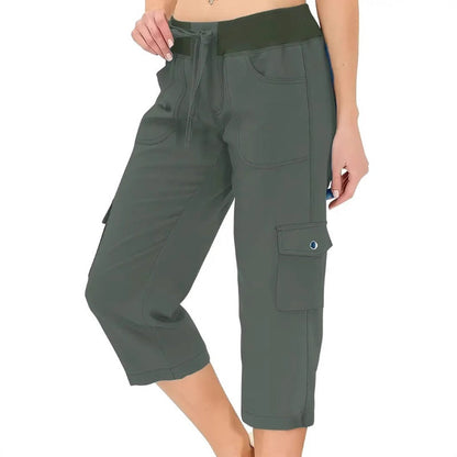 Effen dames cargobroek met hoge taille en trekkoord in 3/4-lengte