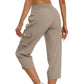 Effen dames cargobroek met hoge taille en trekkoord in 3/4-lengte