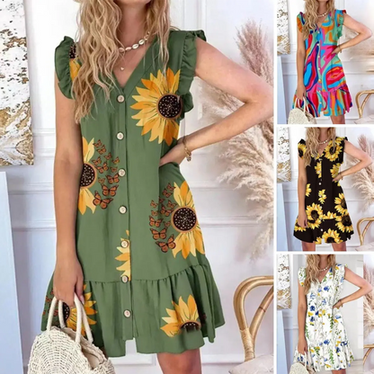 🌞Nieuwe zomercollectie 2025🌸Mouwloze V-hals mini-jurk met knoopjes aan de voorkant voor dames
