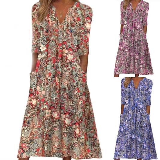 🎁2026 Nieuw binnen 50% KORTING💥Casual damesjurk met bloemenprint, V-hals en losse pasvorm