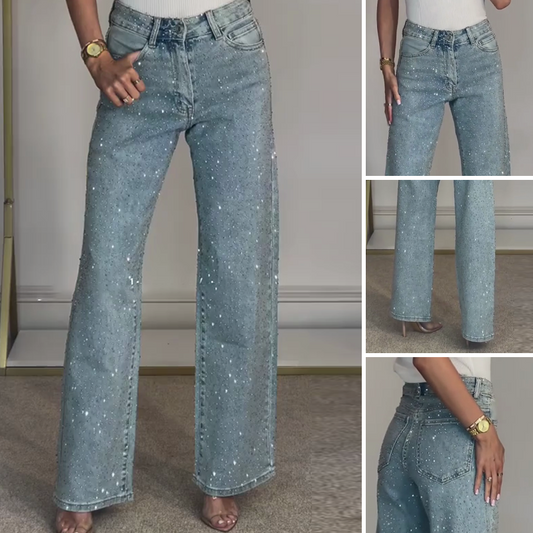 👖 Tijdelijke aanbieding 2026: 50% korting! ✨ Straight Leg Rhinestone Jeans - Kristalborduursel, hoog getailleerde pasvorm, straalt elegantie uit 💎👖