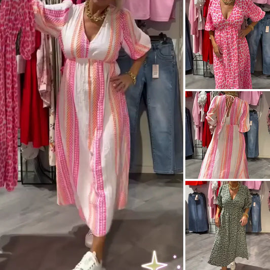 🎀Vroege Lente Aanbieding – 50% KORTING!  Damesjurk met V-hals en Print – Perfect voor Zomer en Vakantie!