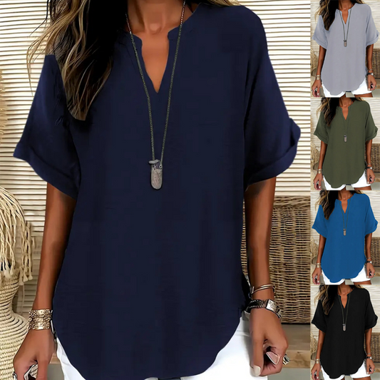 👚50% KORTING! 🔥Modieuze losse top met korte mouwen – V-hals met inkeping, asymmetrische zoom en lichtgewicht stof (5 kleuren, S–2XL) 🌸