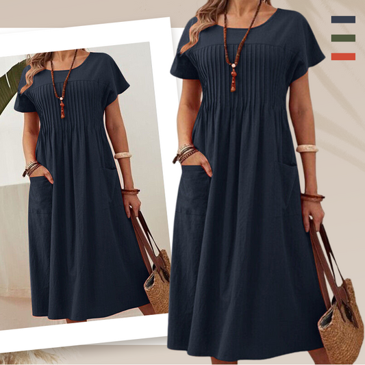 🎁2026 Nieuw binnen 50% KORTING💥👗Dames geplooide jurk met korte mouwen en zakken💃