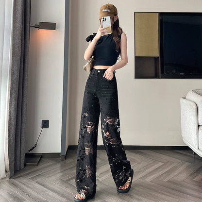 💜 LAATSTE DAG ACTIE - 50% KORTING 💜 Damesbroek met opvallende strass-steentjesprint en open details