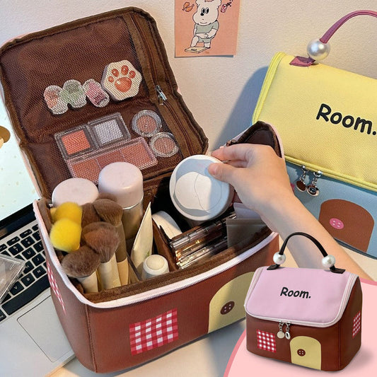 🎁2026 Nieuw binnen 50% KORTING💥🌞Grote Capaciteit Color-Block Cartoon Huis-Vormige Handheld Cosmetische Tas😉