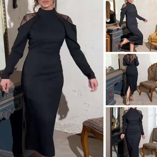 🎁2026 Nieuw binnen 50% KORTING💥Elegante midi-jurk voor dames met opstaande kraag en kanten details op de rug