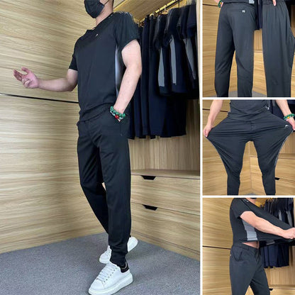 Heren casual sportieve korte mouwen lange broek tweedelige set--Gratis levering