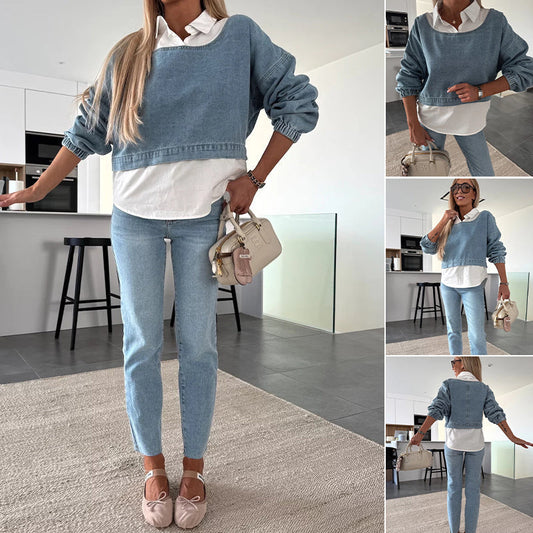 💥🎁2026 Nieuw binnen 50% KORTING💥💥 Modieuze Tweedelige Denim Set voor Dames - Lange Mouwen Top & Broek!