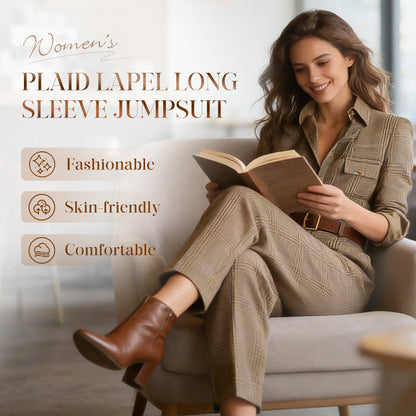 Beperkte tijd halve prijs--Klassieke geruite jumpsuit met revers en lange mouwen voor dames