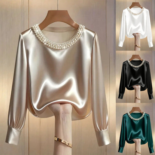 🔥Nieuw binnen🔥Elegante synthetische parel top met ronde hals van satijn voor dames