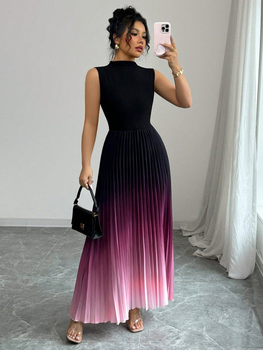 🎁2026 Nieuw binnen 50% KORTING💥Ombre geplooide mouwloze maxi-jurk met hoge kraag❤️