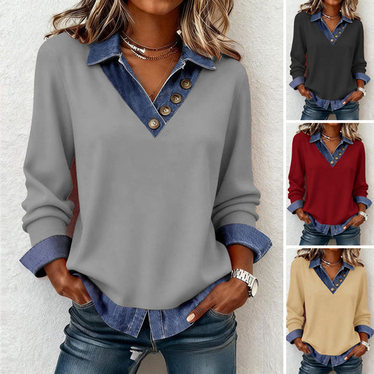 🎁2026 Nieuw binnen 50% KORTING💥👕Trendy damestop met patchwork denim kraag