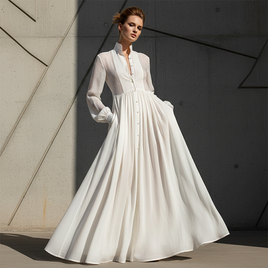 🎁2026 Nieuw binnen 50% KORTING💥Elegante witte maxi-jurk met plooien en hoge hals