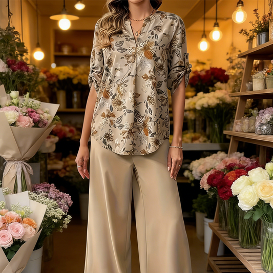 🥳UITVERKOOP 2026🥳💞Meer dan 50.000 ✨Tweedelige set voor dames: bloemenblouse en broek met wijde pijpen