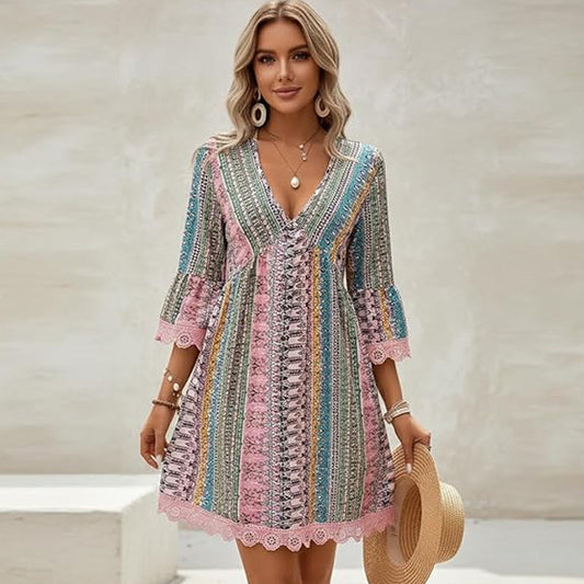 📢📢50% KORTING !! ⏰De Bohemian-jurk met kanten rand: V-hals, lange mouwen, all-over print