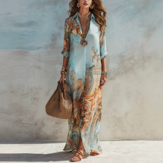 🎁Nieuwe collectie 50% korting💥Elegante maxi-jurk met retroprint | Boho V-hals jurk met knoopjes | Ademende zomerjurk voor strandvakantie