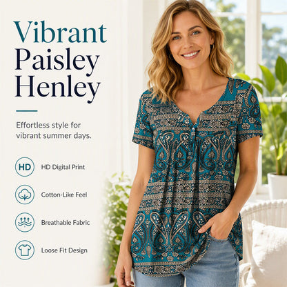 🏖️Zomeruitverkoop 50% korting🏝️👚Dames top met paisleyprint, V-hals en korte mouwen✨