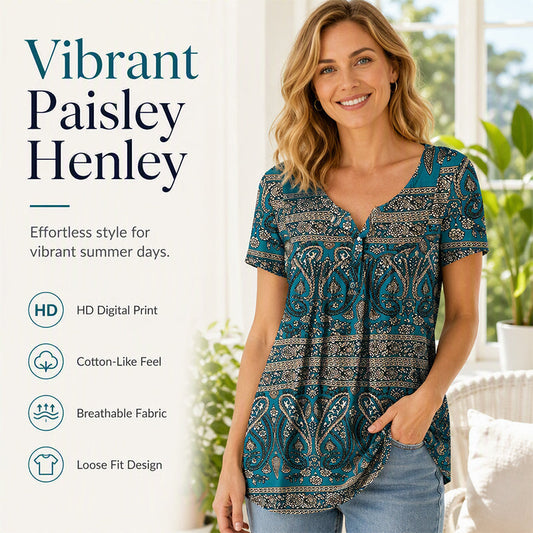 🏖️Zomeruitverkoop 50% korting🏝️👚Dames top met paisleyprint, V-hals en korte mouwen✨