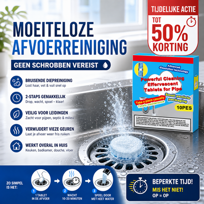 🖕50% KORTING ❤️Krachtige Reinigende Bruistabletten voor Afvoer, Lost Haar & Vet Verstoppingen Snel Op, Geurverwijderend Antibacterieel Afvoerreiniging voor Gootsteen Toilet Vloer