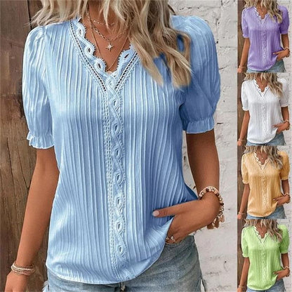 (🎁2024 new year hot sale🎁)Beperkte voorraad🔥V-hals elegant shirt in effen kleur kant (Koop er 2 gratis verzending）